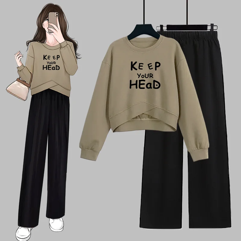 

Women's Spring Autumn Casaul Letter Cross Sweatshirt Wide Leg Pants Set Lady Falls Daily Joker O-Neck Tops Black Trousers Outfit