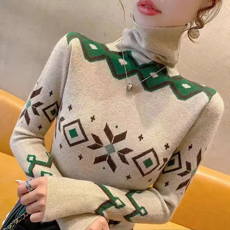 Women Clothing Early Spring Fashion Slim Sweaters Casual Chic Knitted Y2k Vintage Knitwear Female Top Turtleneck Knitwear