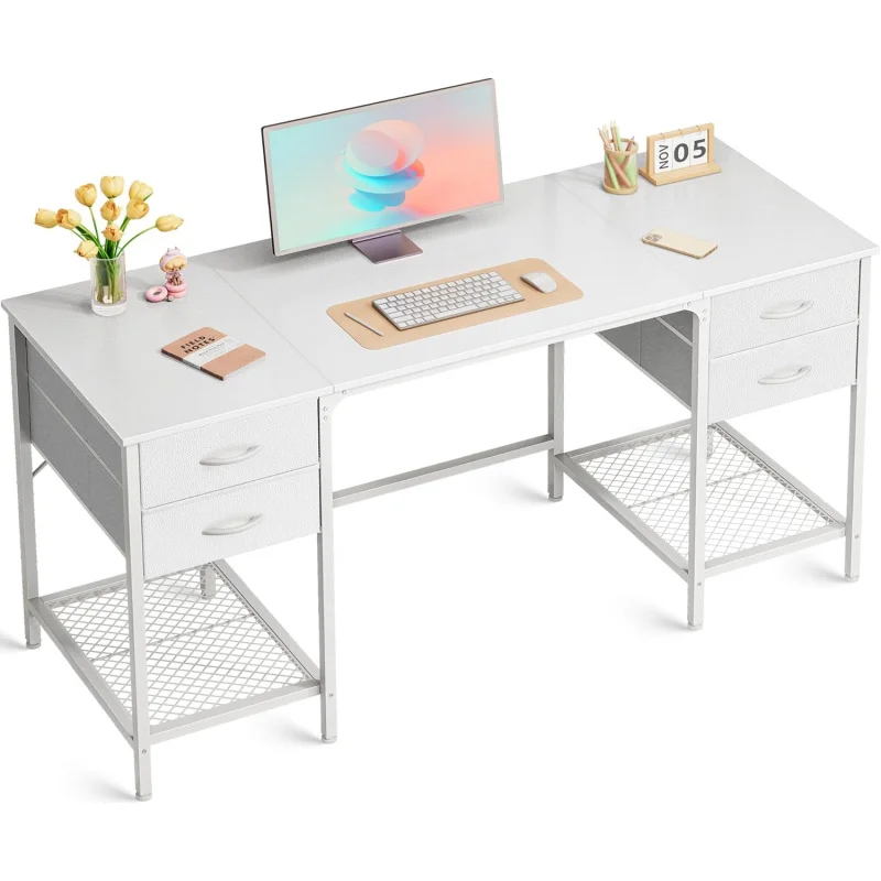 55 Inch Computer 4 Drawers, Office With Mesh Shelf, Gaming , Large Storage, Writing Work Desk For Home O