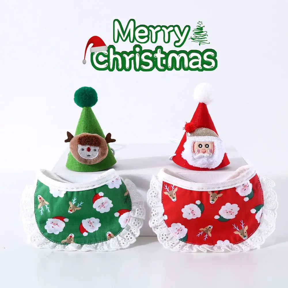 Pet cat dog cartoon  Santa Claus Elk red green hat headdress lace necklace