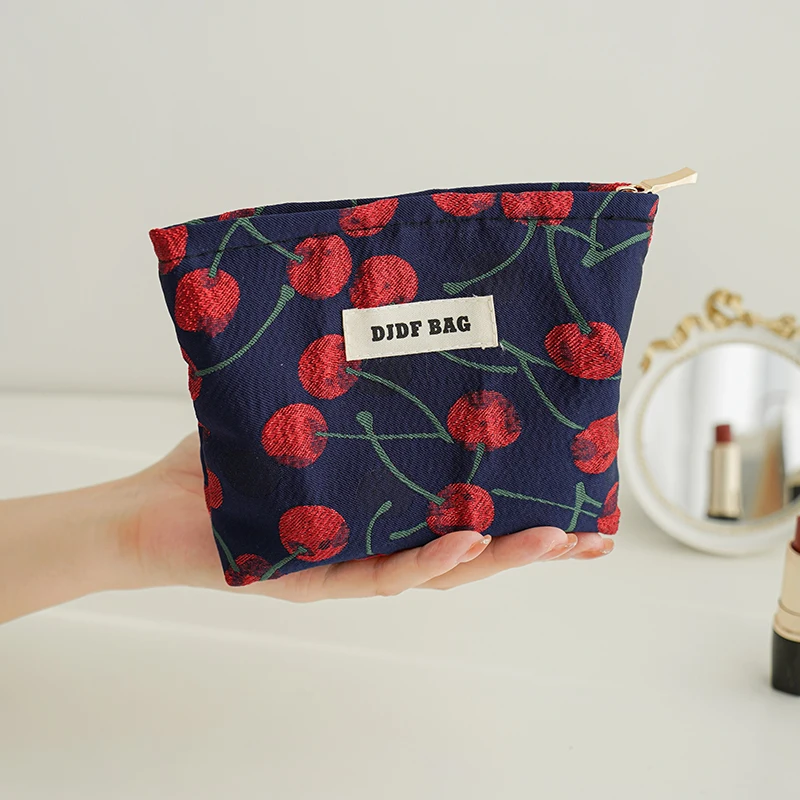 Red Cherry Women\'s Cosmetic Bag Small Item Storage Bag Portable Coin Purse Commuter Clutch Double Zipper Design Cloth Bag Ins