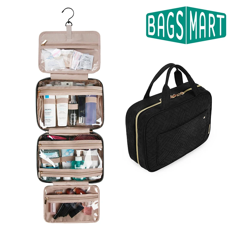 BAGSMART Makeup Cosmetic Bag with Hanging Hook Water-resistant Toiletry Bag Travel Organizer for Full Sized Organizer Toiletries