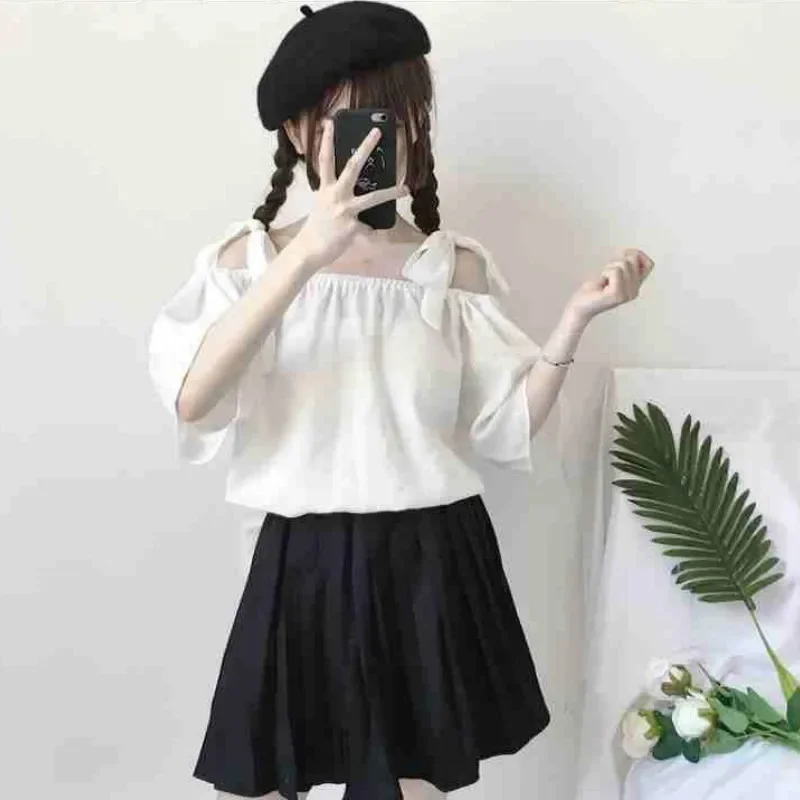 

Shirts Women Striped Flare Sleeve Slash Neck Lace Up Off Shoulder Lovely Leisure All-match Fashion Daily Student Female Soft New