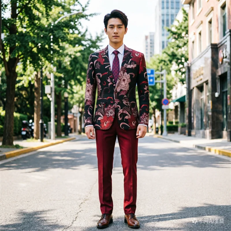 

Men's Premium Red Jacquard Suit Two-piece Set,wedding Party Slim Fit Dress with Pants,white,black,blue Men's Suit,European Sizes