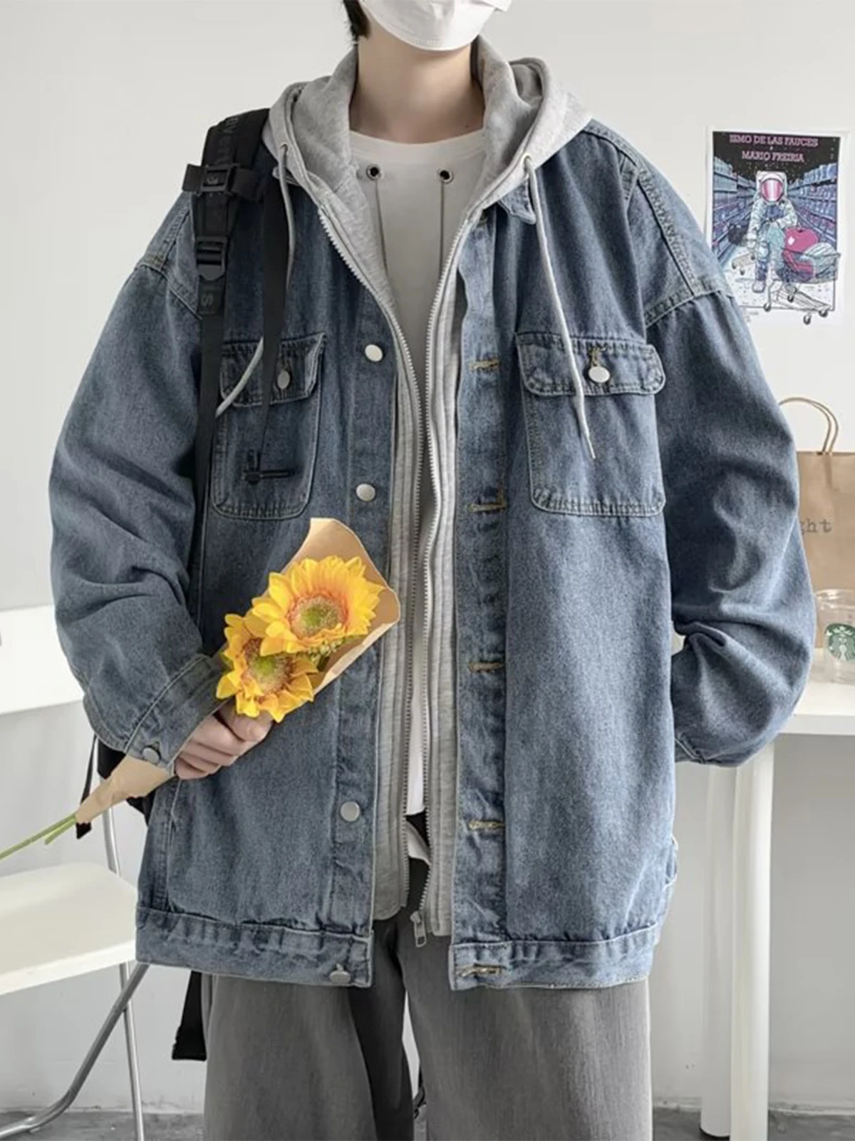 

Waed Denim Jaet Men's Korean Sle Spring INS Hooded Loose Versatile Outerwear Trendy Fake Two-Piece Top Youth Faion