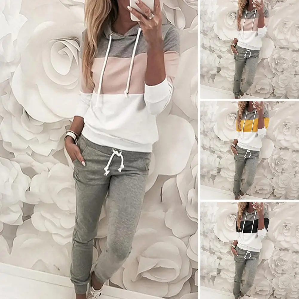 

Trendy 3D Cutting Lady Winter Color Block Slim Hoodie Sweatpants Set Pockets Shrinkable Hem Top Trousers Set for School