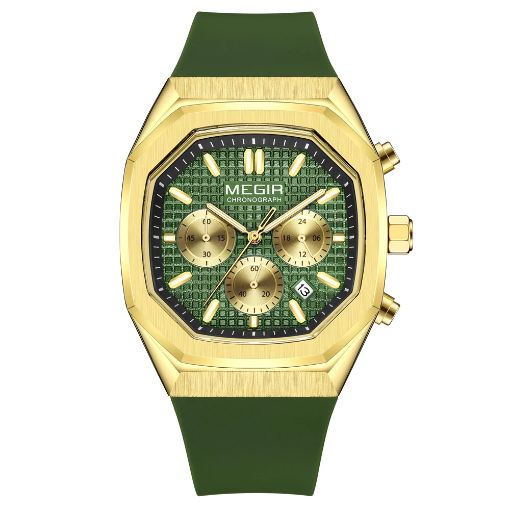 MEGIR ArmyGreen Sport Watches Men Military Chronograph Silicone Strap Quartz Wristwatch with Date Octagon Case Luminous Hands