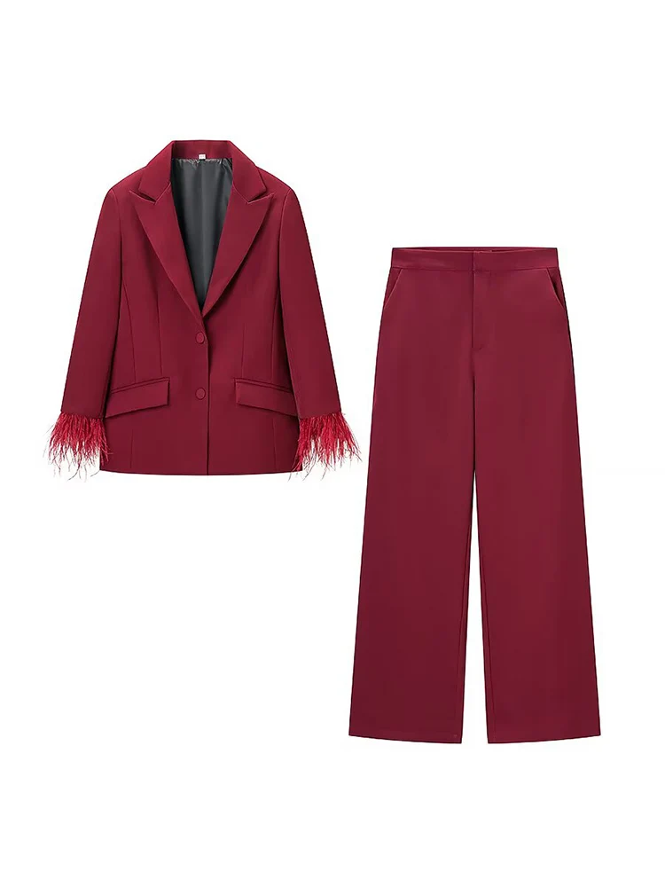

European style new women's fashion outfit: versatile and elegant slim-fit blazer with feather trim and high-waisted trousers.