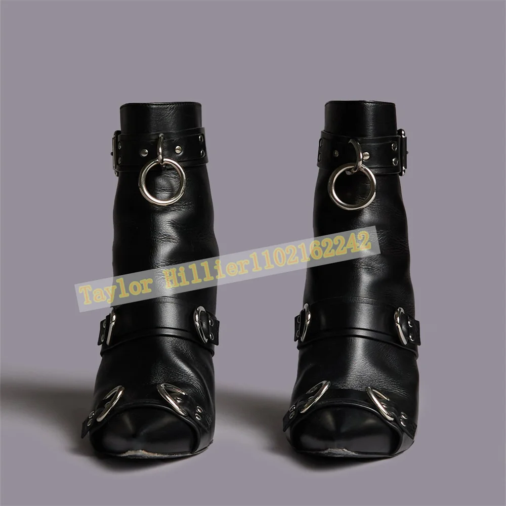 Women Black Pointed Toe Ankle Boots Buckle Strap Harness Boots Metal O Ring Studded Punk Gothic Motorcycle Biker Rock Club Shoes view 3
