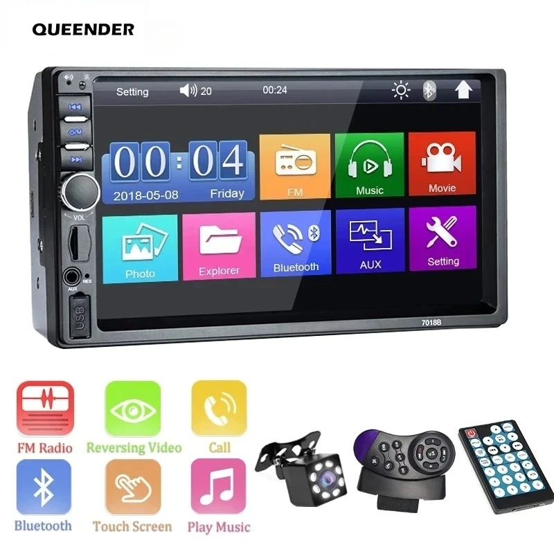 راديو سيارة QueenDer 2 Din - شاشة لمس MP5 مقاس 7 بوصات، وبلوتوث، وFM، ومدخل USB/Aux وكاميرا الرؤية الخلفية #1
