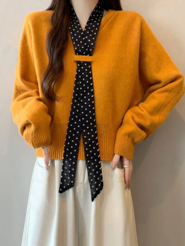 

Dopamine Orange Knitted Sweater Women's Large Size Polka Dot Scarf Tie Top Spring Early New Style Commute Style Loose Fit