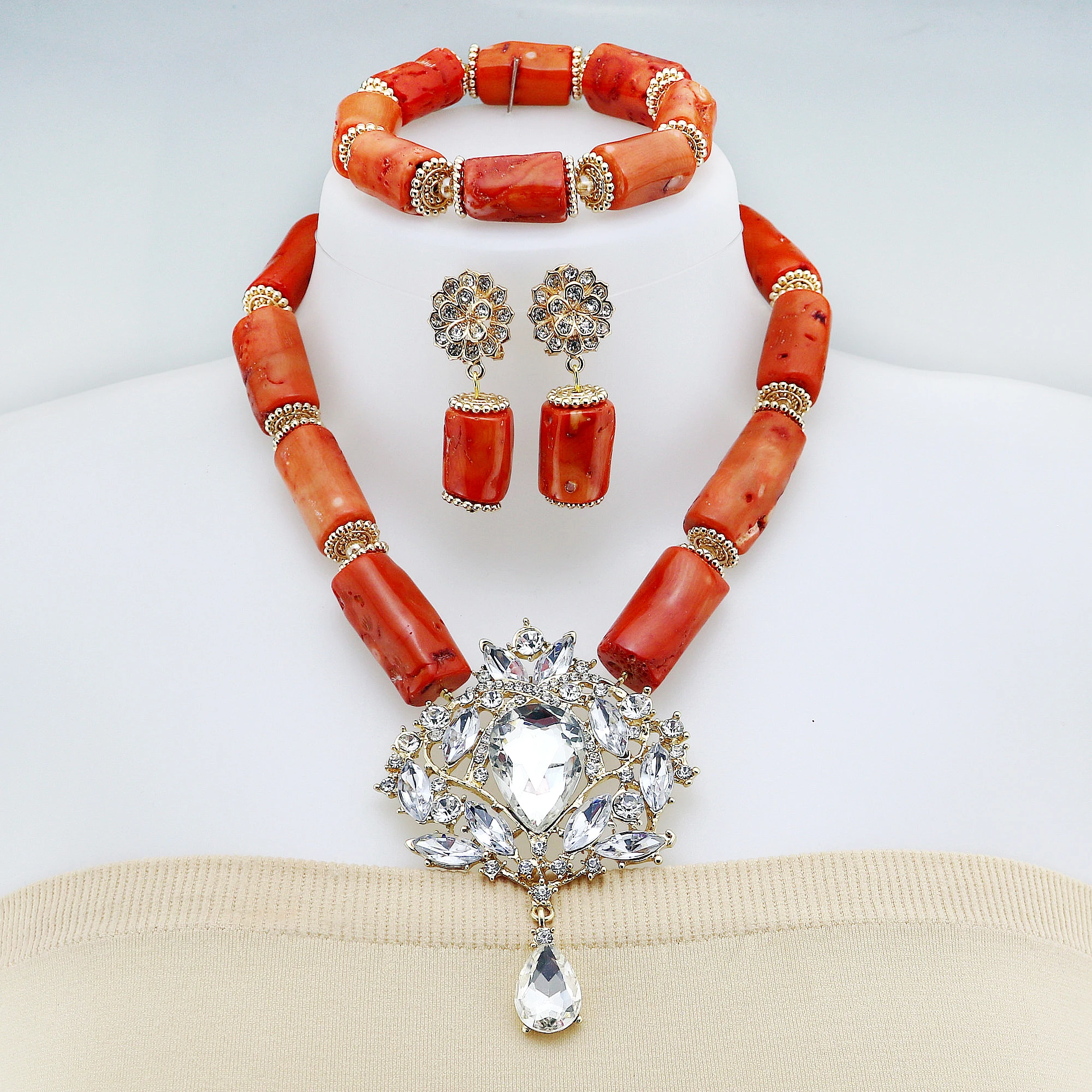 Nigeria Wedding Jewelry Set Imitation Coral Beads Golden Pendant Necklace for Women Resin Material African Bride Accessorise