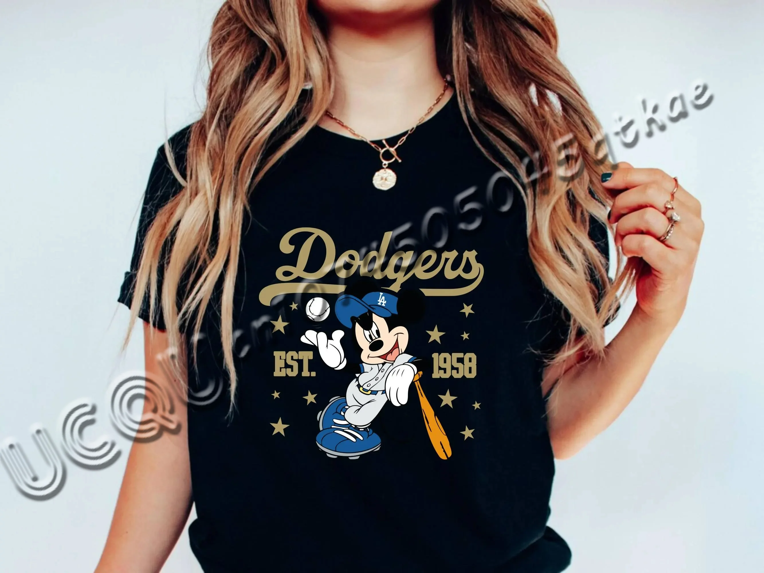 Disney Mickey Mouse Los Angeles Dodgers 1958 Baseball T-shirt Baseball Tees Sport Tops Women's Casual Men's T-shirt