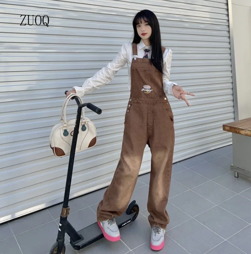 

Spring New Jumpsuits Women Embroidered High Waist Straight Leg Full Length Denim Strap Pants Korean Style Casual Overalls Female