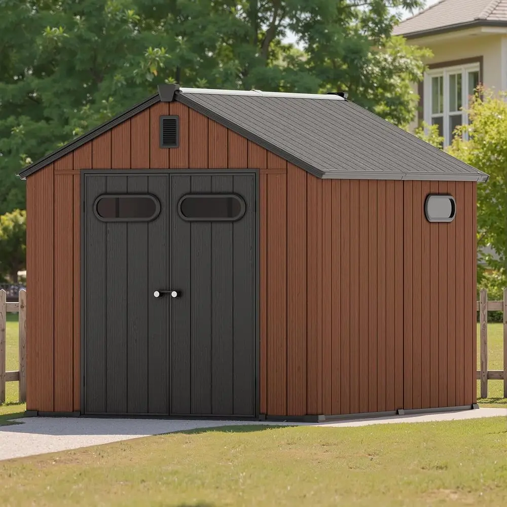 8x10 Outdoor Storage Shed - Rust-Free Plastic, Waterproof Garden Shed with Floor, Door, Skylight, and Vent for Lawn Tools & Bike