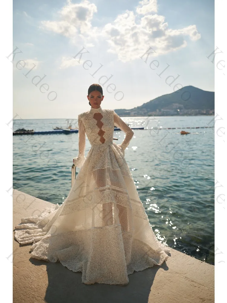 Customized High Quality A Line High Neck Long Sleeve Open Back Wedding Dresses Textured Lace Hollow Out Chapel Train Bride Gowns