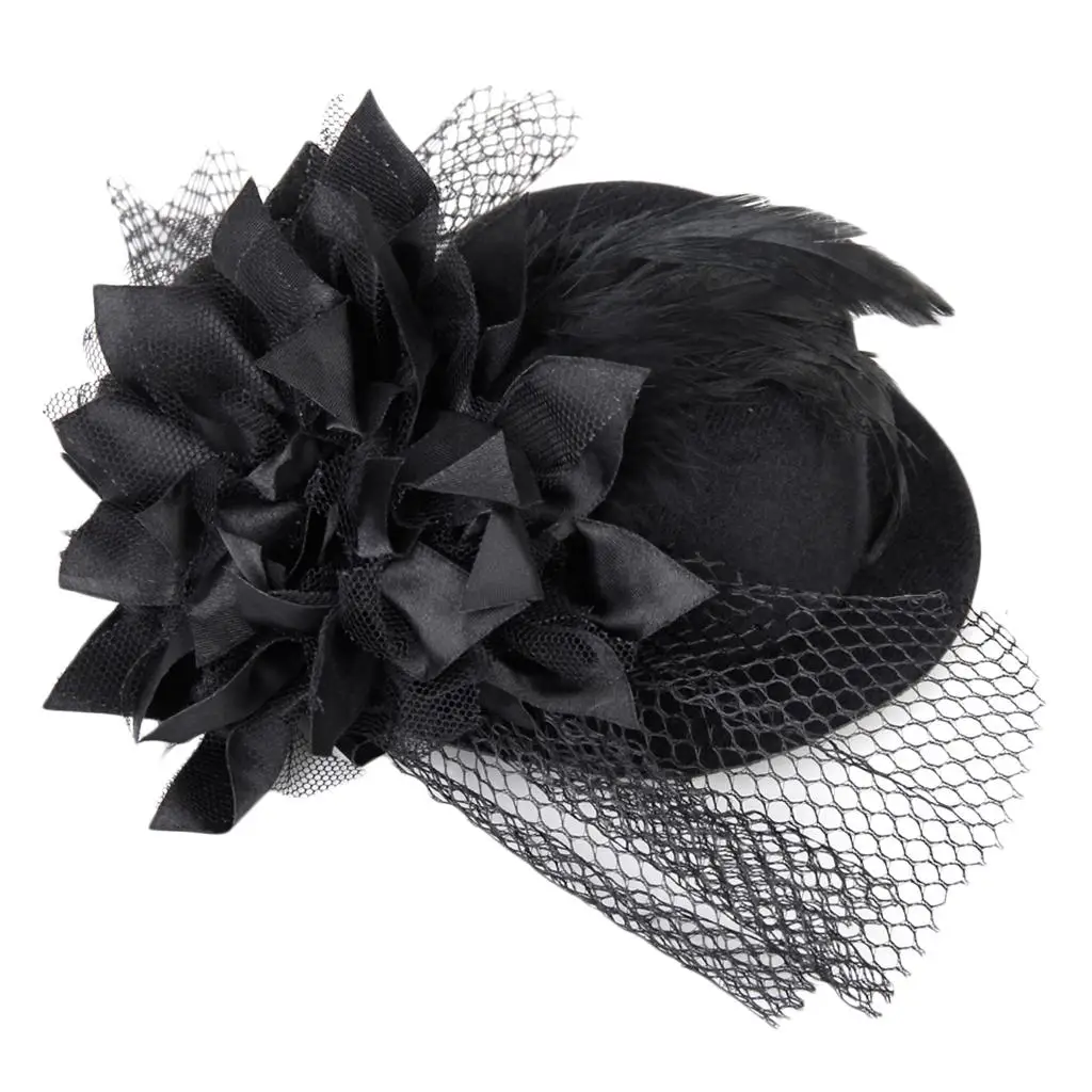 กิ๊บติดผมประดับดอกไม้สําหรับสุภาพสตรี Feather Burlesque Punk Mini Top Hat-สีดํา