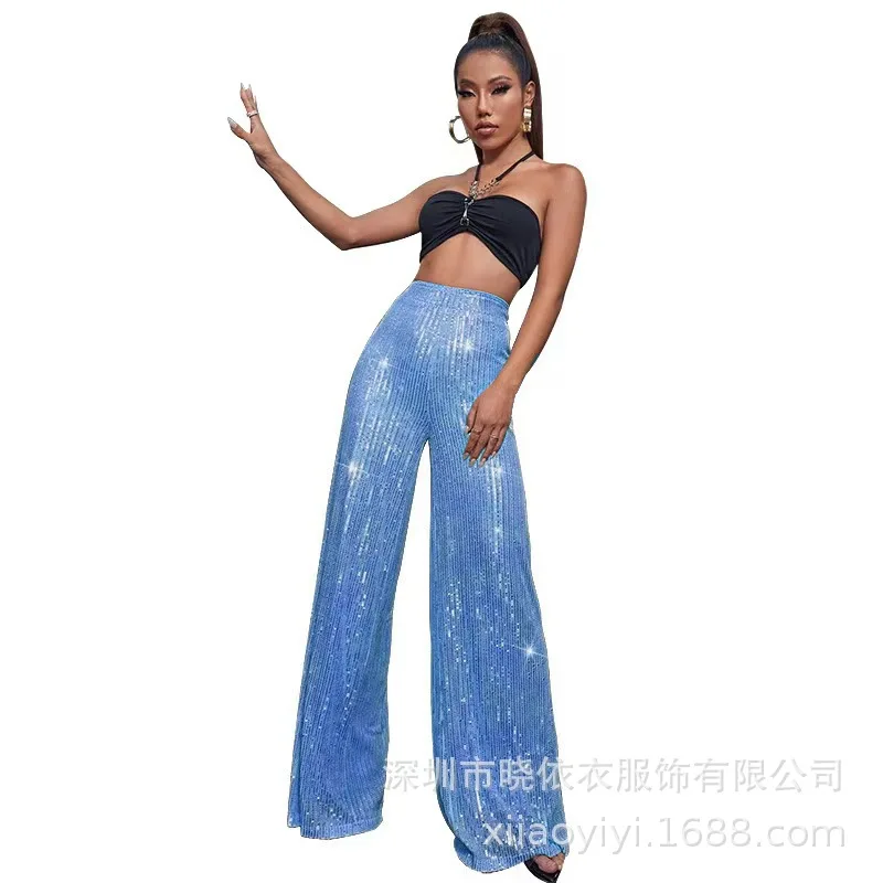 New Women's Solid Color Wide-leg Pants Casual Fashion Elegant Black Sequins Holiday For Women Long Pant Womens Clothing