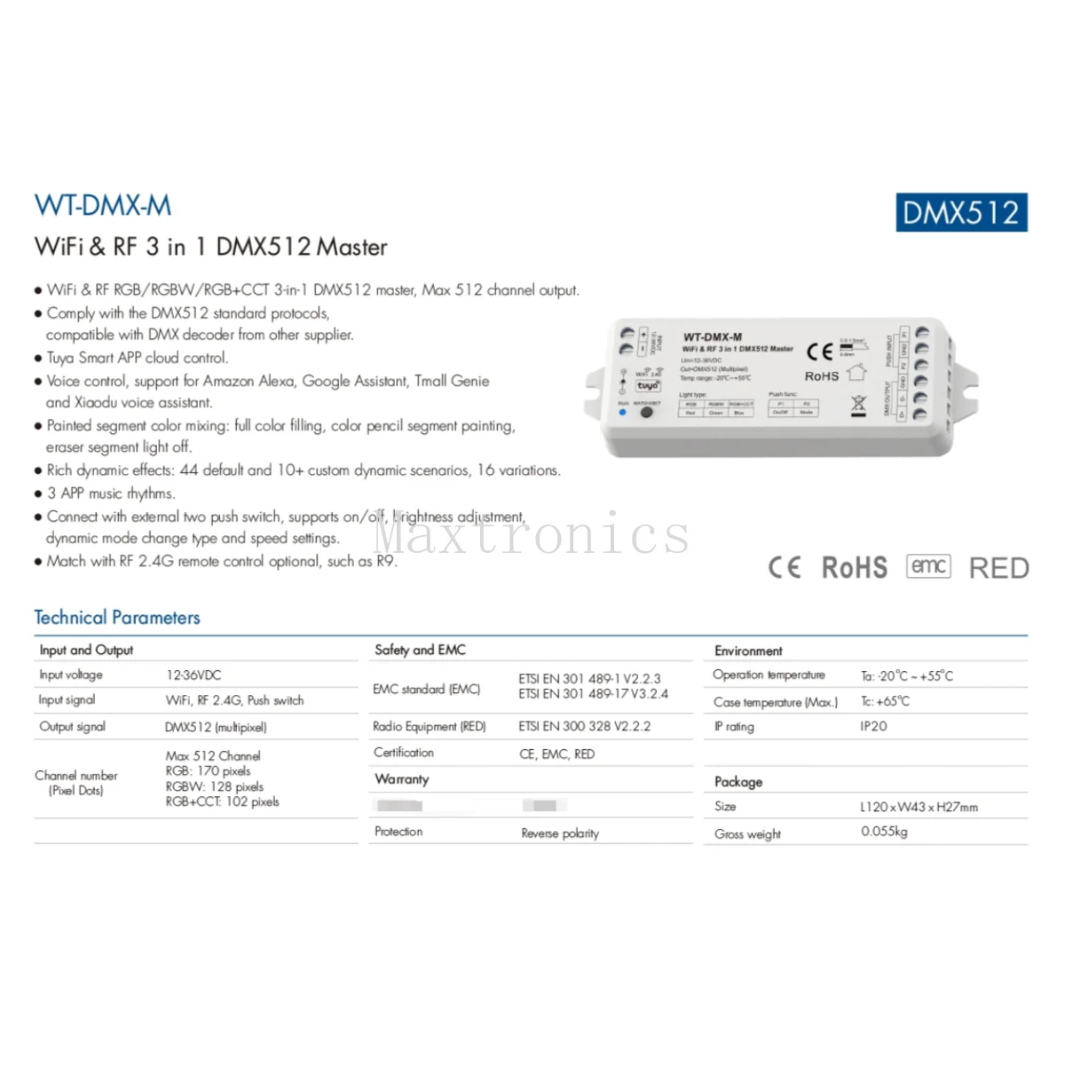 DC12-36V WiFi & RF 3 in 1 RGB/RGBW/RGB+CCT DMX512 Master Controller WT-DMX-M Tuya APP Voice Control for DMX512 Led Strip Lights