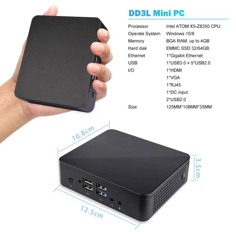 JINGSHA Mini PC Intel ATOM X5 Z8350 CPU 4G RAM 64G ROM USB3.0 Win10 Desktop Draagbare Computer