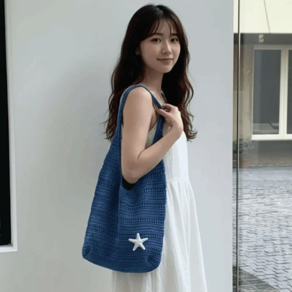 Lightweight Starfish Decor Crochet Tote Intricate Hollow-out Pattern Foldable Large Capacity Knit Shopper Versatile Solid Color