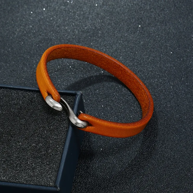 Trendy Solid Color Smooth Genuine Leather Men\'s Bracelets Simple S-Hook Bangles Punk Style Jewelry Male Gifts 20CM/21.5CM