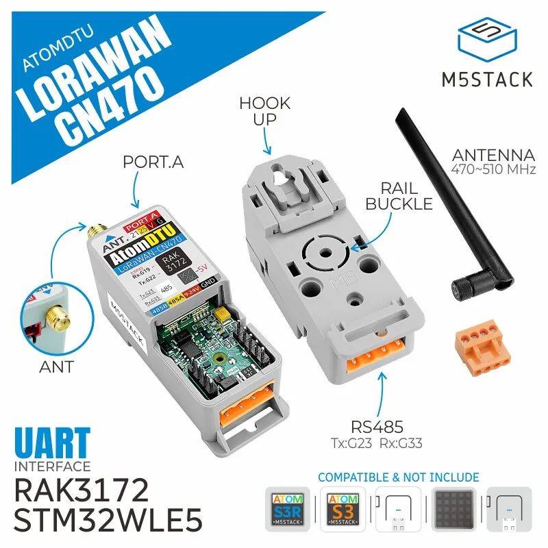 M5Stack Official Atom DTU LoRaWAN CN470 Frequency Band Programmable Data Transmission Unit