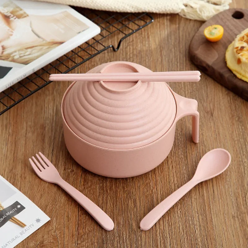 Large Capacity Wheat Straw Rice Bowl Anti Drop Design With Lid Complete Tableware Set Portable Soaked Noodle Bowl Home Dormitory view 6