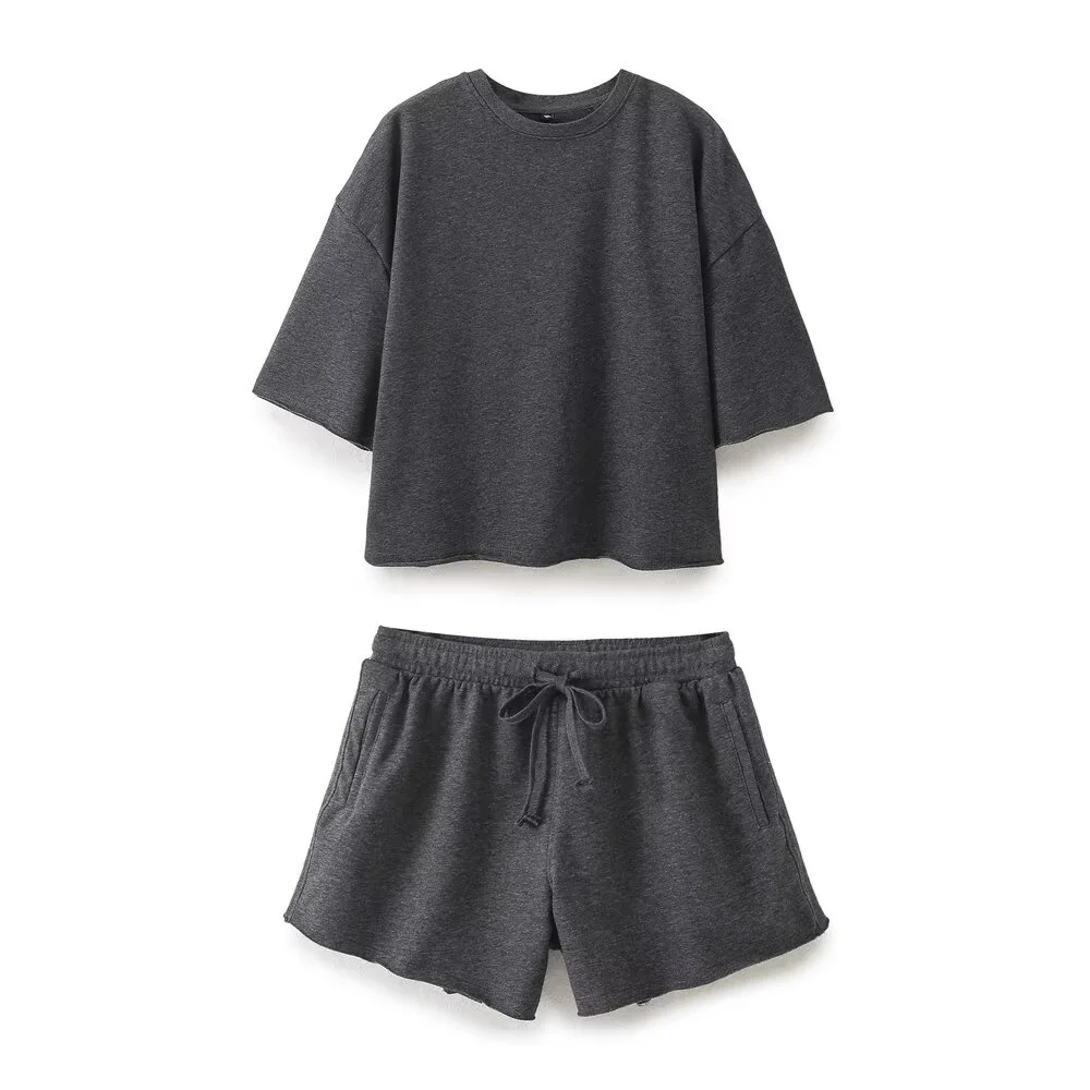 PB&ZA2024 Summer New Product Casual Women's Fashion Simple Round Neck Short sleeved T-shirt Fleece Shorts Set