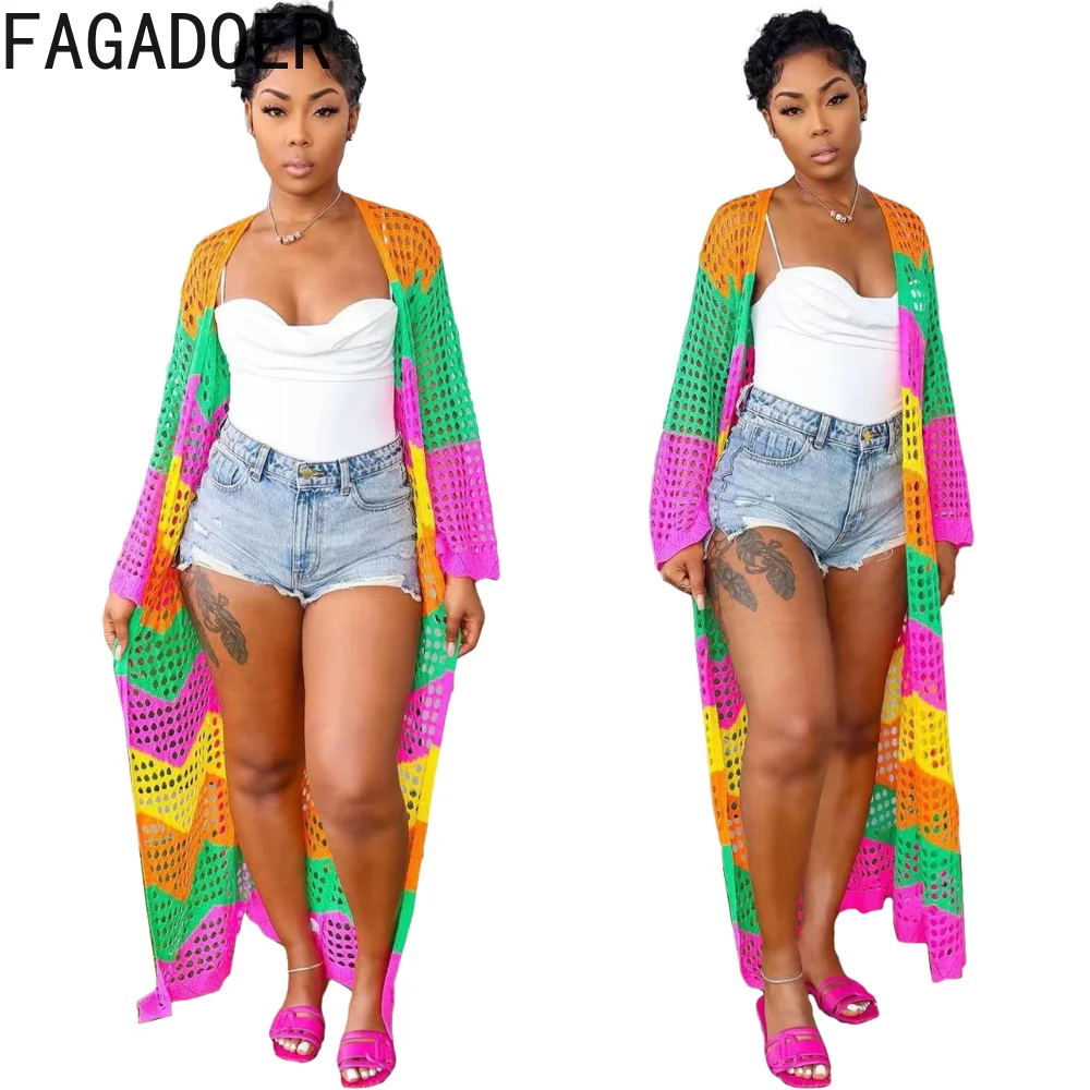 FAGADOER Hollow Knit Summer Cardigans Boho Style Beach Cover Ups with Belt Women Crochet Open Stitch Full Sleeve Long Robe Tunic