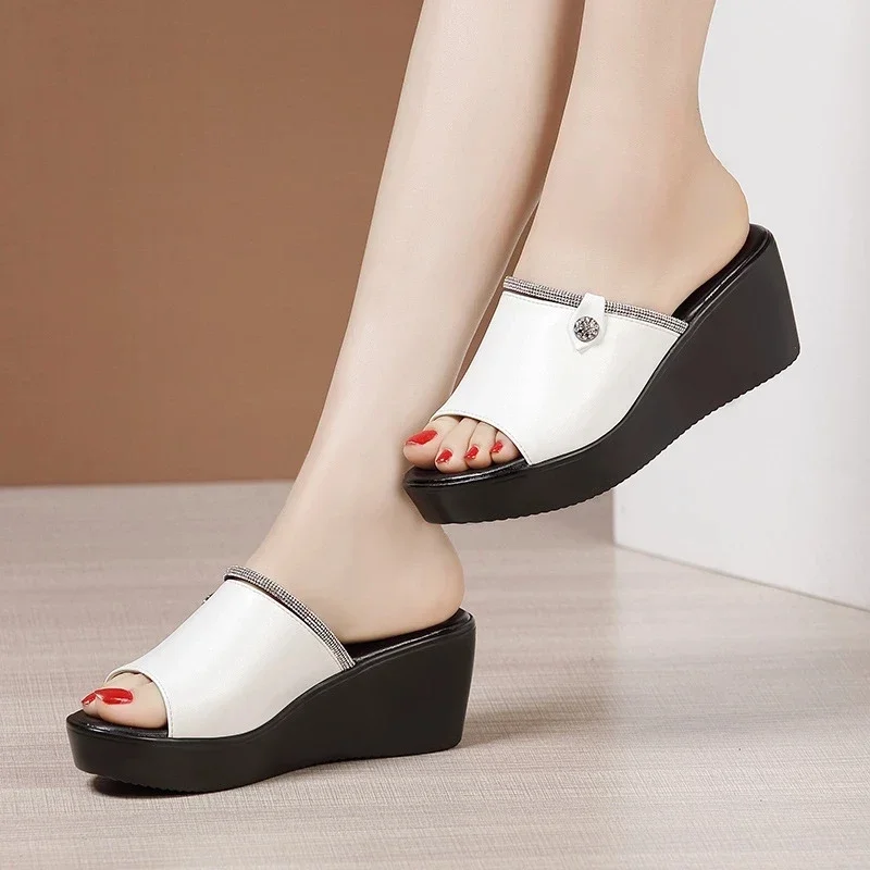 BEYARNEOpen Toe Rhinestone Platform Slippers Leather Summer Shoes Elegant High Heels Wedges Slides Women Office Big Size