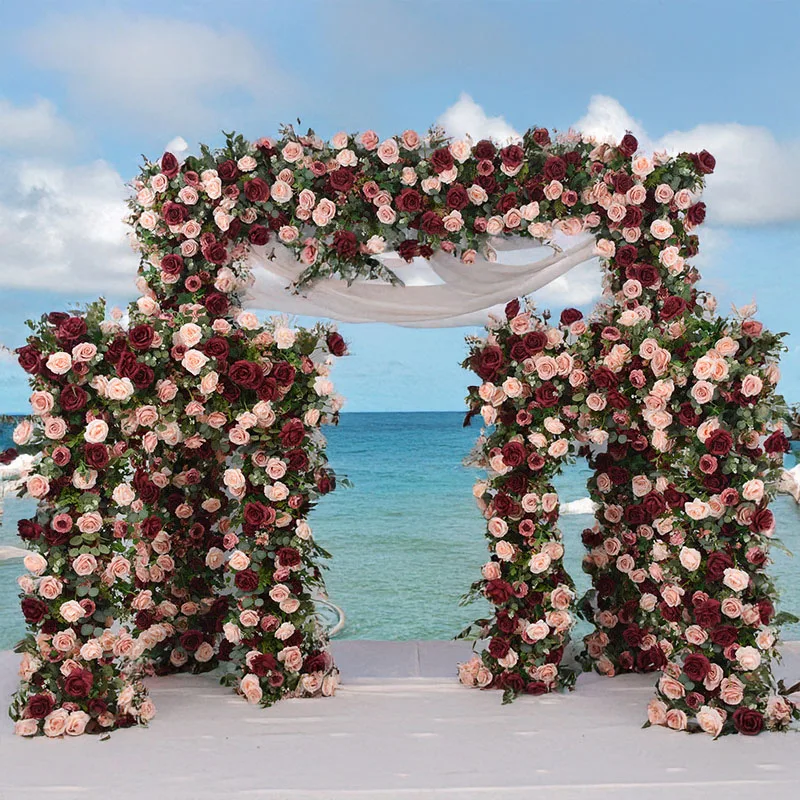 

240CM Artificial Wine Red Rose Pink Square Arch Floral Arrangement Exhibition Hall Decoration Wedding Floral Arrangement