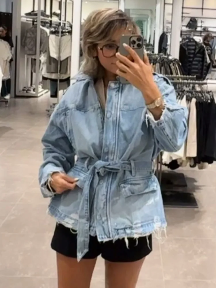 Hh mulheres outono vintage denim jaqueta feminina moda mangas compridas lapela com bolsos com cinto causal solto estilo de rua casacos