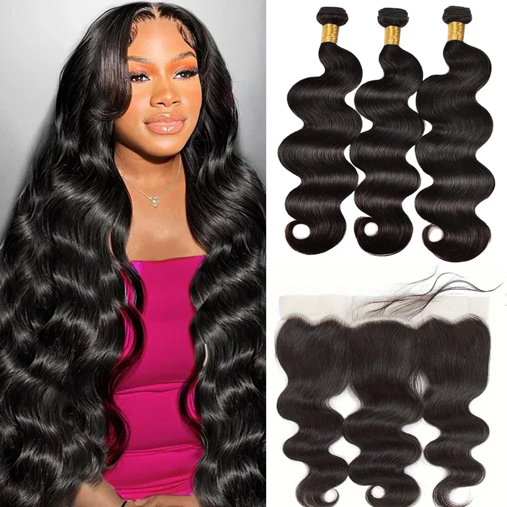 Body Wave Human Hair Bundles With 13x4 Transparent Lace Frontal 3 Bundles With Frontal With Extensions Weave Brazilian for Women