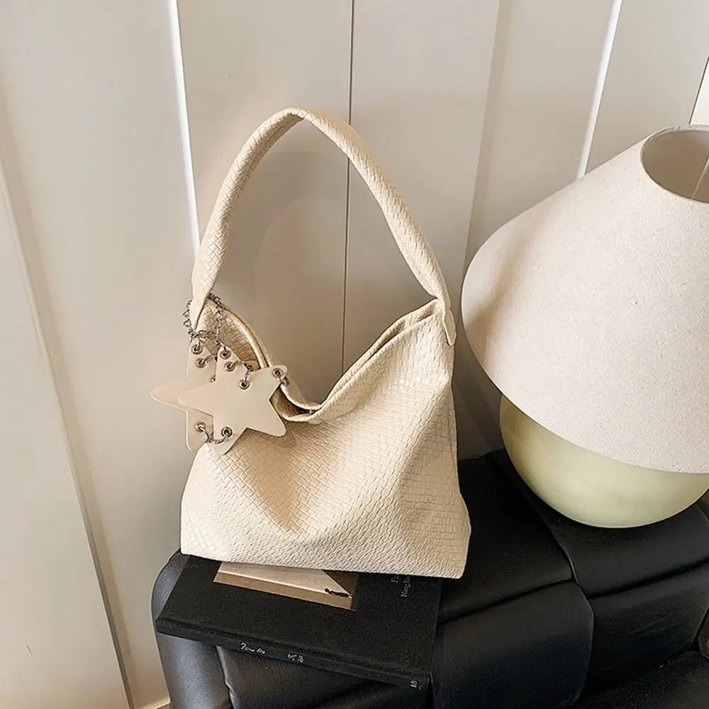 

Fashion Star Pendant Weave Tote Bag Large Capacity Bucket Bag Pu Handbag Korean Underarm Bag Silver Shoulder Bag Travel