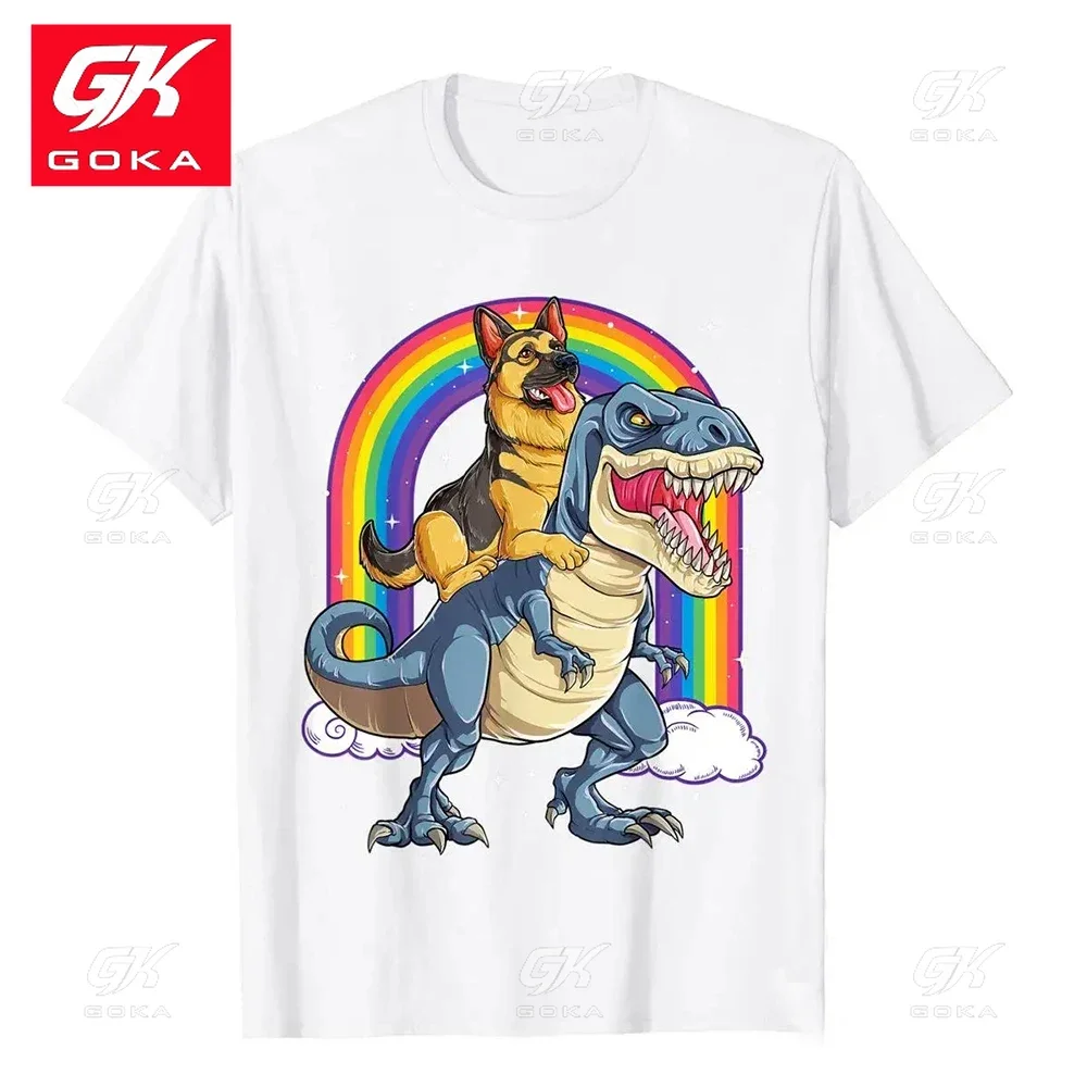 German Shepherd Riding Dinosaur T Rex T Shirt for Men Rainbow Tops Cotton Design Tees Faddish Mens Vintage Unisex T Shirts