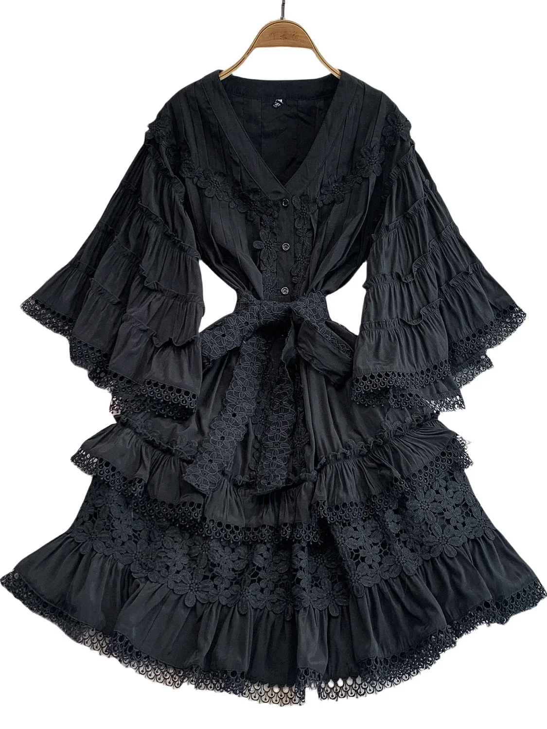 Vestido Retro com Decote em V e Mangas Sino, Saia em Camadas de Cintura Alta, Vestido Curto de Manga Longa Estilo Coreano