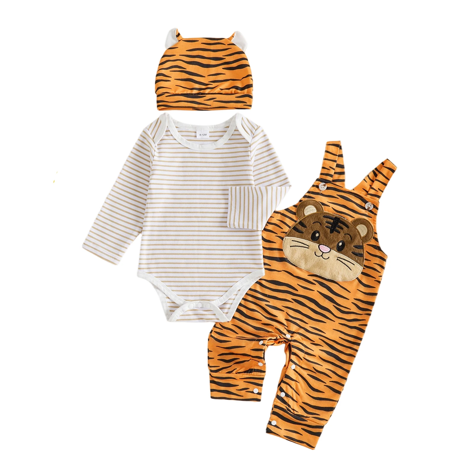 Baby Boy Fall Outfits Stripe Print Long Sleeve Romper Overall Pants and Hat
