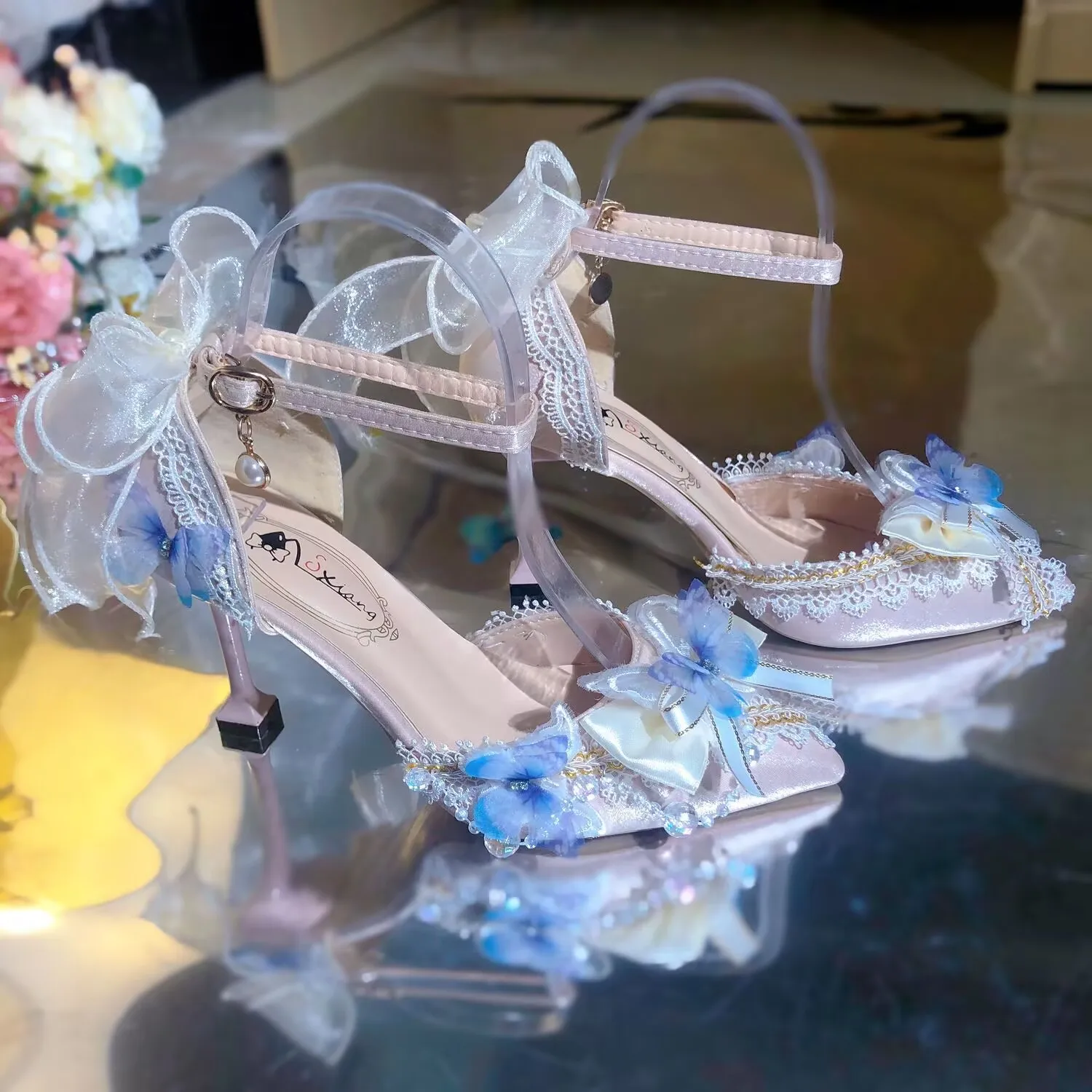 أنيقة الكعوب أحذية الزفاف العروس عالية الكعب لوليتا الوردي الأزرق أحذية عالية الكعب للمرأة Y2K مضخات الحفلات امرأة ماري جين الأحذية