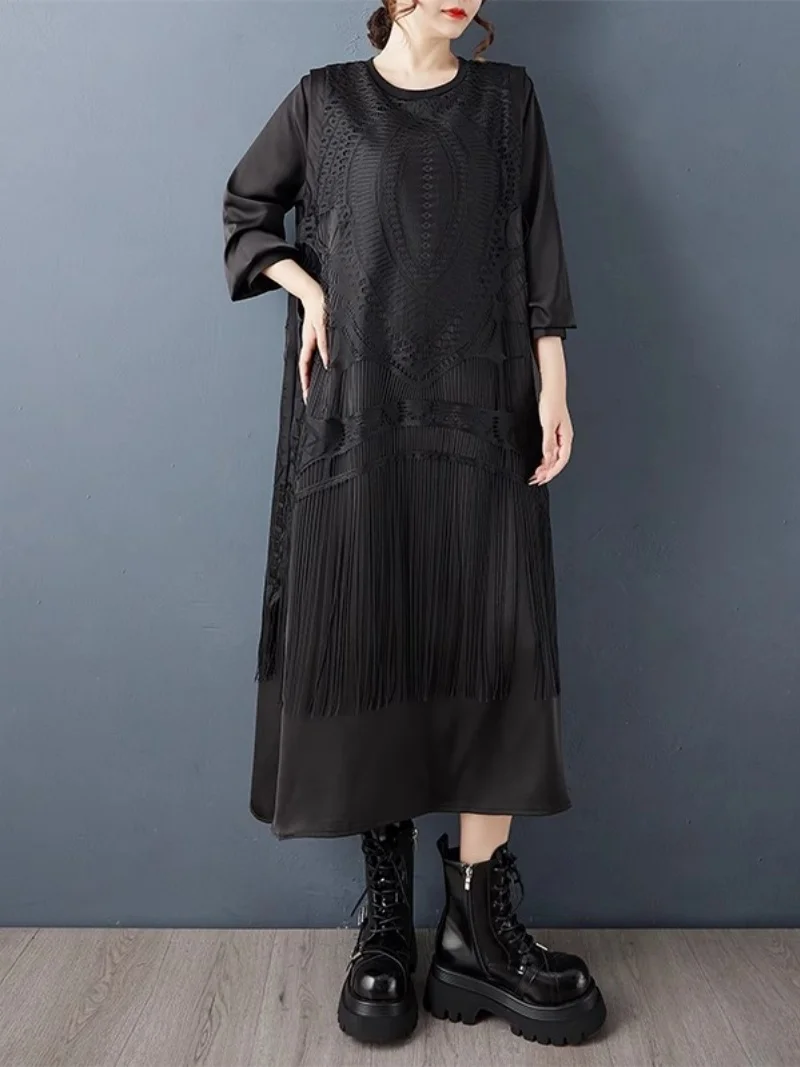 

Autumn New Dark Design Tassel Fake Two-Piece Spliced Fashionable Dress Long Sleeve Vintage Large Size Clothing w1199