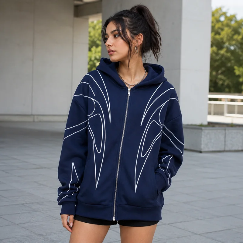 Women Graphic Zip Up Hoodie Oversized Hooded Sweatshirt Line Print Long Sleeve Casual Streetwear Autumn Jacket 2026 Hot New Plus