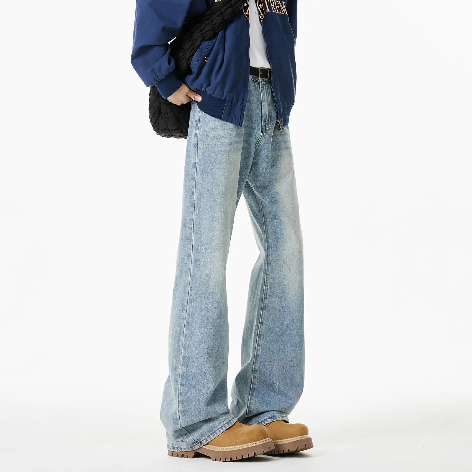 

Мужские расклешенные джинсы Ice Blue в американском ретро-стиле, модные прямые повседневные брюки из хлопка, полиэстера и регенерированного волокна
