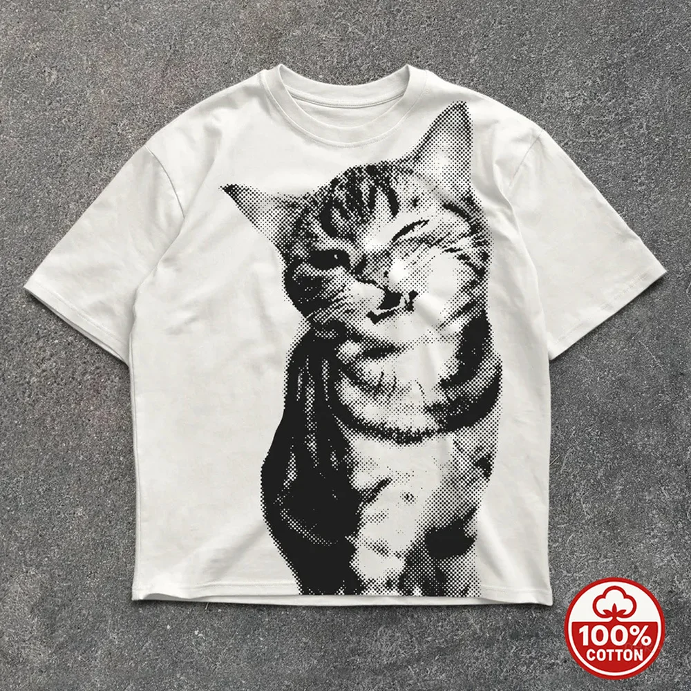 Vintage Halftone Cat T-Shirt - Funny Yawning Tabby Kitten Graphic Tee, Retro Aesthetic Casual Short Sleeve Top for Women/Men