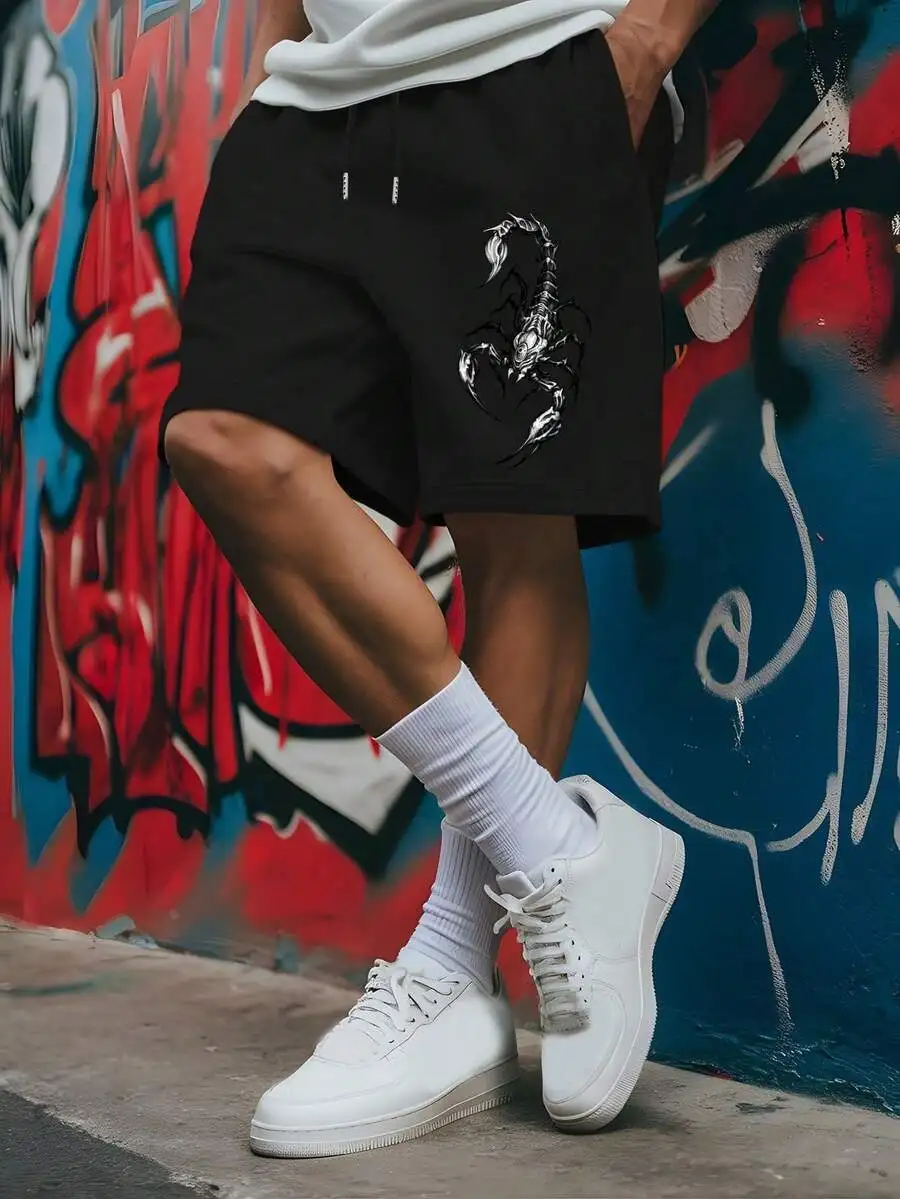 

Mens Black Polyester Drawstring Shorts With Scorpion Print Casual Summer Shorts