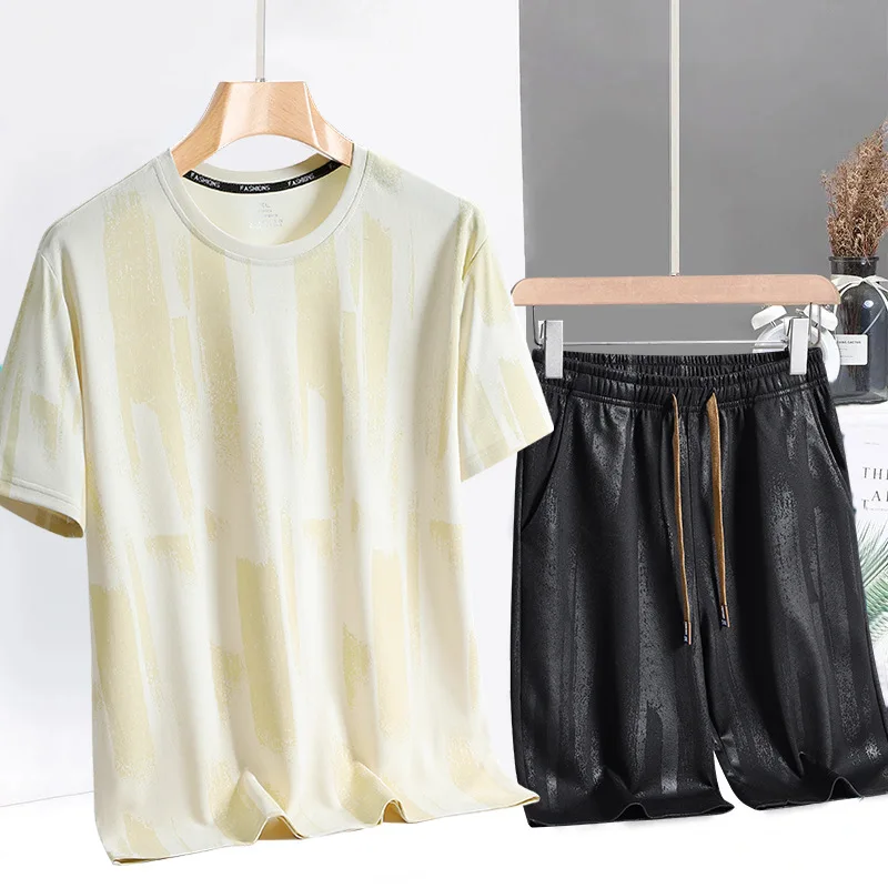 25 Summer Ice Silk Sports Suit Men's Printed Short-Sleeved T-Shirt Quick Dry Gym Clothing Men Clothing