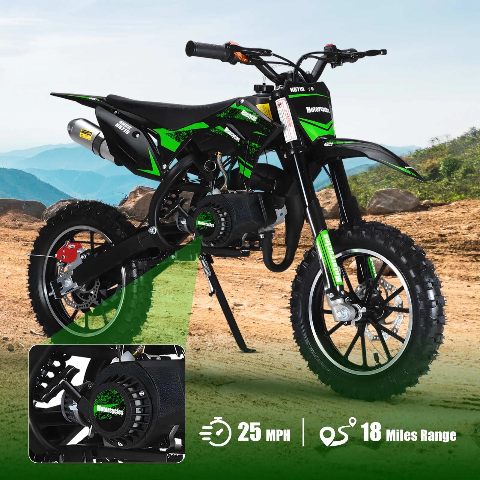 

49CC 2-Stroke Gas Powered Motorcycle with Off-Rode Tire,Shock Absorption Pocket Motorbike, Up to 25 Mph, Max Load 330 LBS, Green