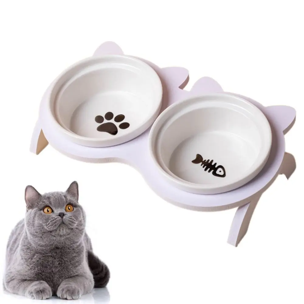 

Double Bowl Ceramic Cat Bowl with Stand Non-slip Detachable Raised Pet Feeder Anti-vomiting Acrylic Bowl Holder Cat Feeding Dish