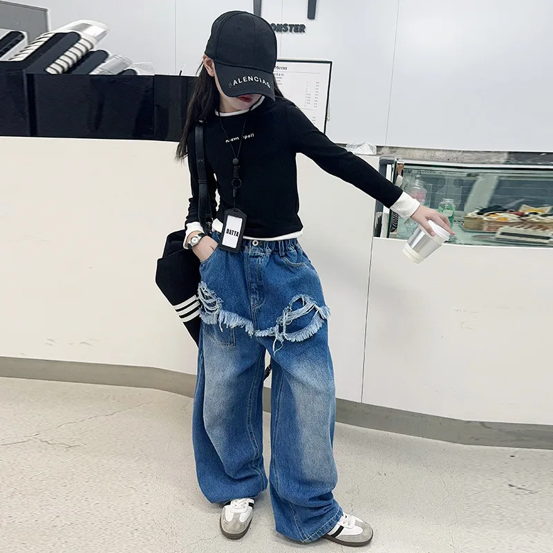 Girls Pants 2024 Autumn New Childrens Wear Korean Style Girl Baby Foreign Style Wild Edge Wide Leg Jeans Casual Simple Tide image 4