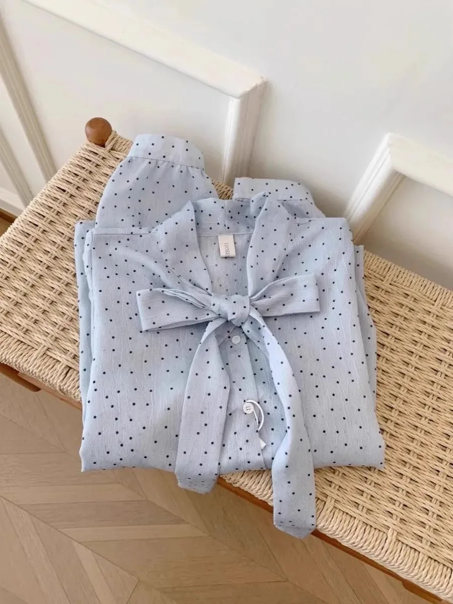 

Blue Polka Dot Bow Tie Sun Protection Shirt Thin Unique Summer Top for Women Guangzhou Thirteen Vegetable High Quality