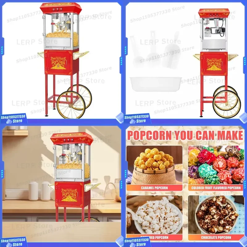 Commercial Electric Popcorn Machine Automatic Retro Steel Maker Large Capacity Wheeled Cart for Bakery Snack Bar Professional
